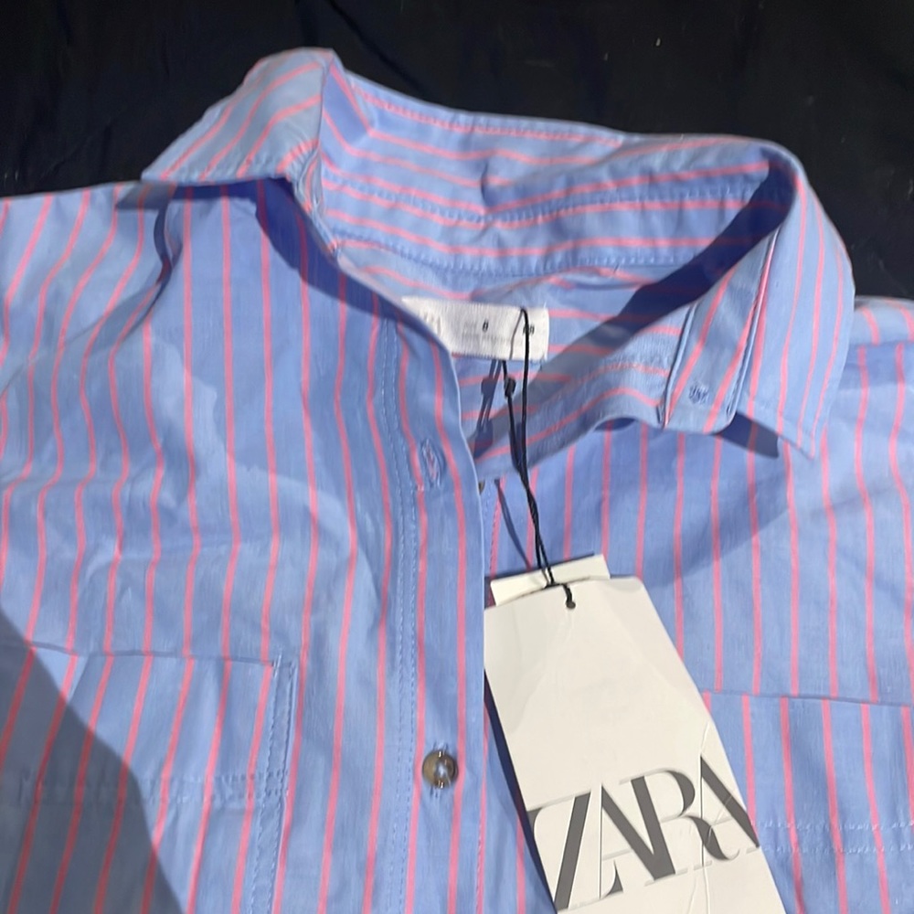 Zara girls button down blue and pink stripe shirt